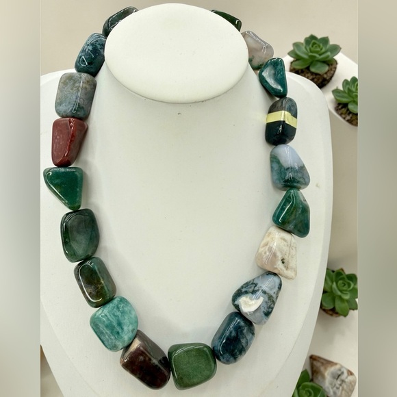 Massive Chunky Multi Agate Nugget Statement Necklace 16” 154g Natural Stone Boho - Picture 11 of 17